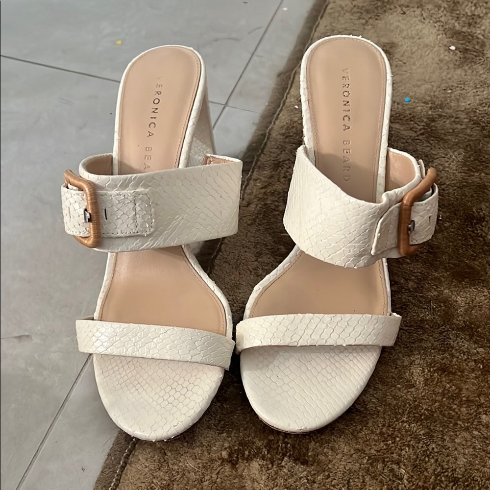 Veronica Beard block heel snakeskin raffia sandals